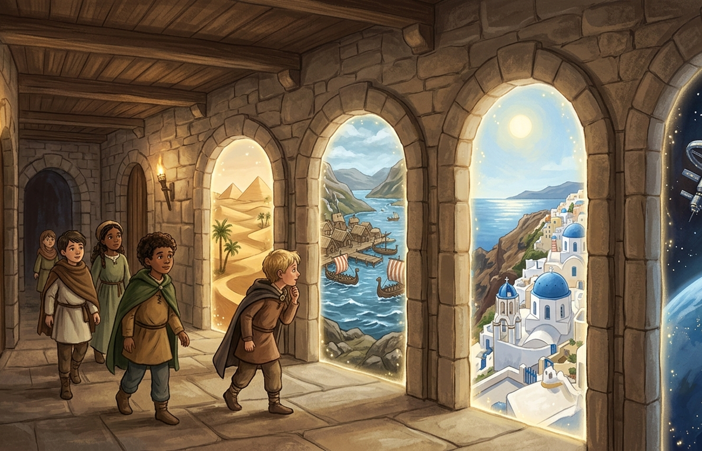 A warm stone corridor inside the castle lined with tall glowing archways, each opening onto a different distant world