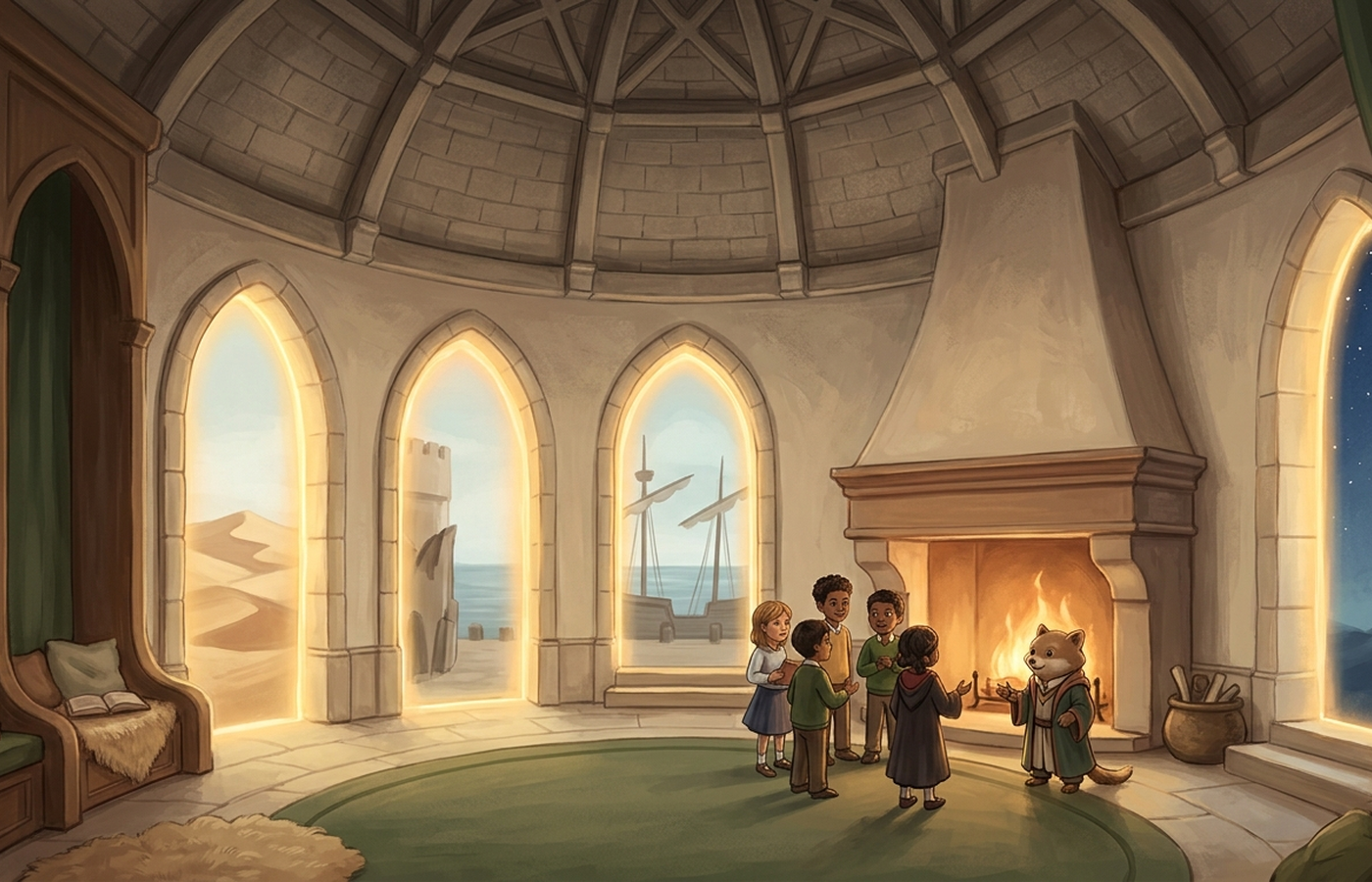 A grand circular castle hall with a hearth and tall archways, children and a mentor gathered near the fire