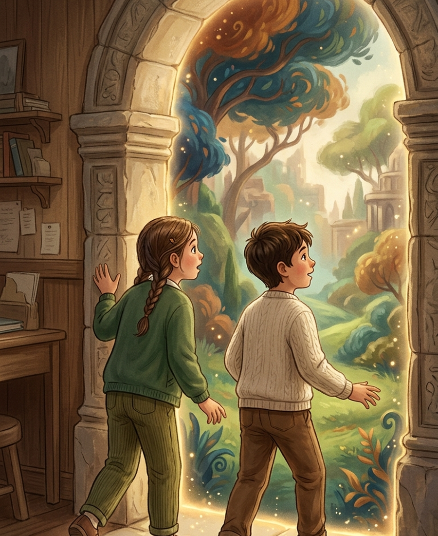 Two children stepping through a glowing stone archway from an ordinary room into a vivid virtual landscape