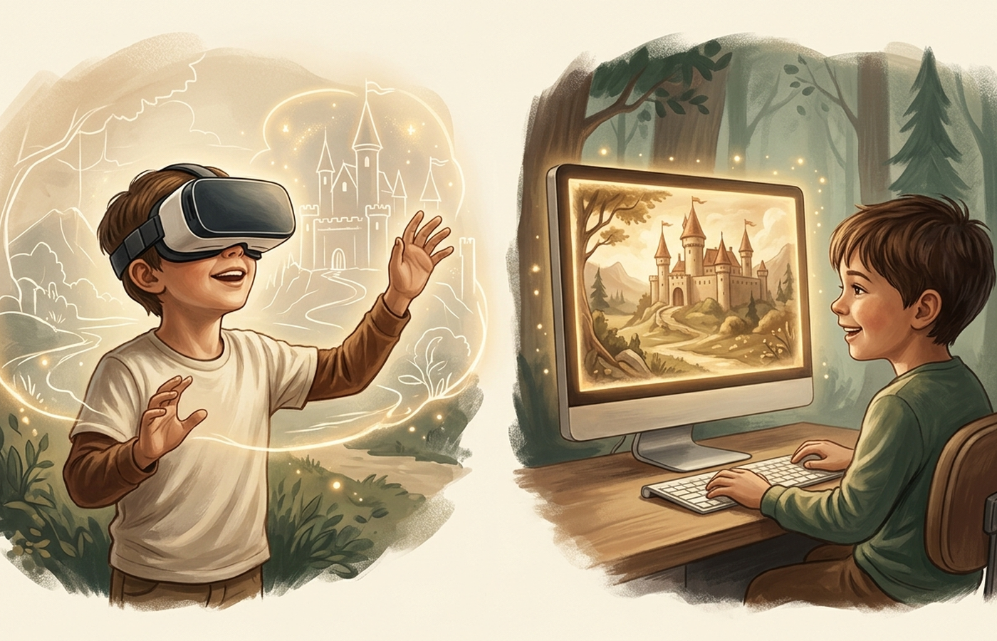 One child wearing a VR headset and another sitting at a desktop screen, both equally engaged